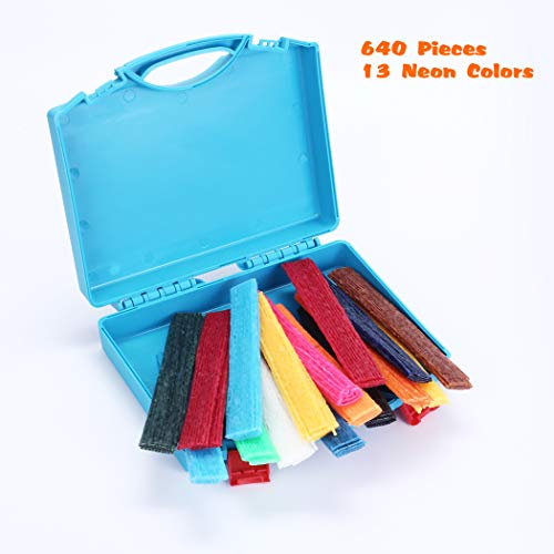 (640 Pieces and 1 Travel Case) Wax Yarn Sticks | 6-Inch, 13 Neon Colors Doodle Stigs for Kids - DIY Crafts and School Project Supplies.Great Toy for Home and Road Trip Activities for Kids