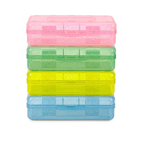 Blue Summit Supplies Colorful Glitter Plastic Pencil Boxes, Translucent Pencil Boxes for School, Crayon and Marker Organizer Boxes with Hinged Lids, Assorted Colors, 4 Pack