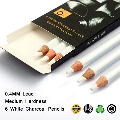 Brusarth White Charcoal Pencils Drawing Set, Professional 6 Pieces Sketch Highlight White Pencils for Drawing, Sketching, Shading, Blending, White Chalk Pencils for Beginners & Artists