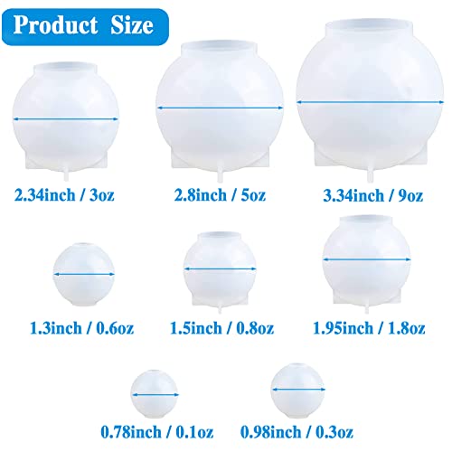 Sphere Resin Mold, Funstorm Seamless Sphere Molds, 8 Sizes( 3.5", 3", 2.5", 2", 1.5", 1.3", 0.9",0.78"), Silicone Molds for Epoxy Resin, Round Ball Orbs Epoxy Mold for Jewelry, Pendants,Home Decor