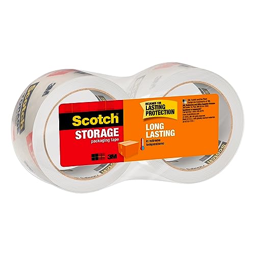 Scotch Long Lasting Storage Packaging Tape, 1.88" x 54.6 yd, Designed for Storage and Packing, Stays Sealed in Weather Extremes, 3" Core, Clear, 2 Rolls (3650-2)