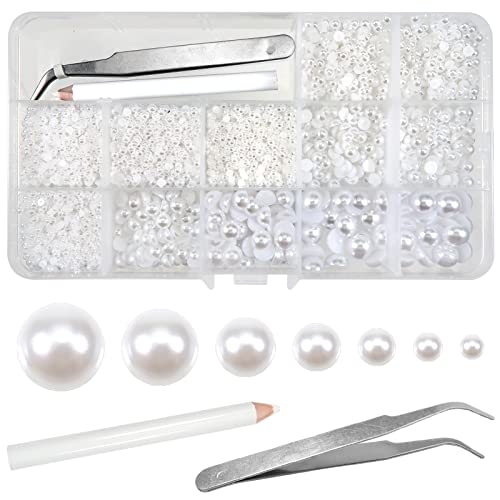 TOAOB 13000pcs White Flat Back Pearl Beads Half Round Imitation Pearls 2mm to 10mm Assorted Sizes Plastic Gem Pearls for Crafts Nails Phone Shoes Making DIY Crafting Accessory