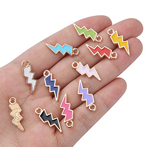 BronaGrand 50pcs Enamel Lightning Bolt Charm Pendants Gold Plated Alloy Flash Lightning Charm Celestial Dangle Charms for Bracelet Necklace Earrings DIY Jewelry Making Supplies,10 Colors