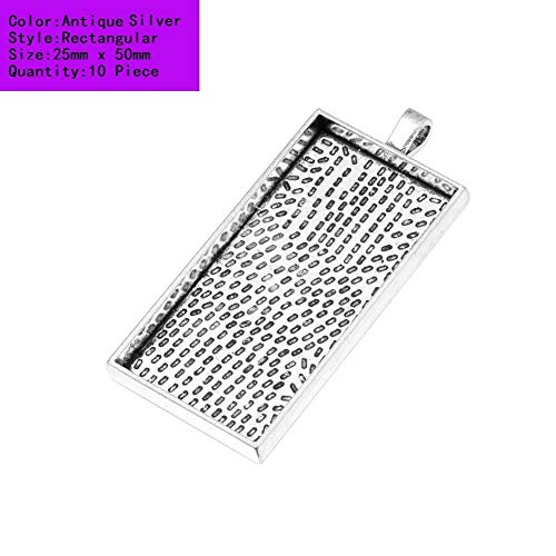 AKOAK 10 Pieces 25mm X 50mm Antique Silver Rectangle Pendant Trays Pendant Blanks Cameo Bezel Settings for Photo Charm,Cabochon and Jewelry Making