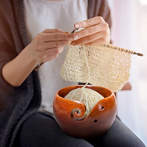 Yarn Bowl Wooden 6 inch by 3 inch Wooden with Free Travel Pouch and Wooden Crochet Hooks. Perfect Yarn Holder for Knitting and Crocheting