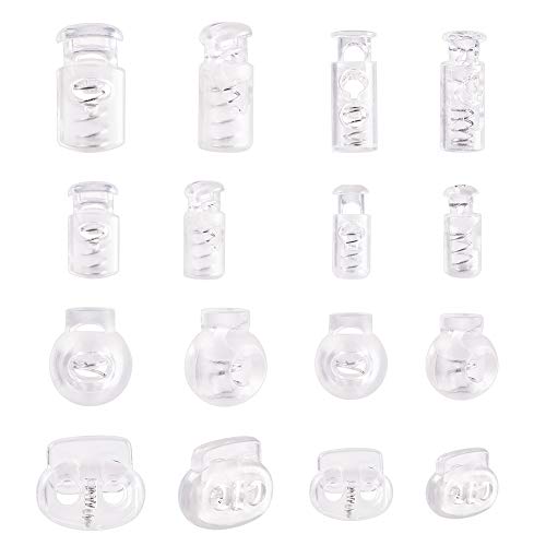 PandaHall 160pcs Clear Spring Fastener 8 Styles Plastic Spring Cord Locks Toggle Stopper Slider Buttons for Drawstring Shoelaces Clothing Backpack Bags Fastening