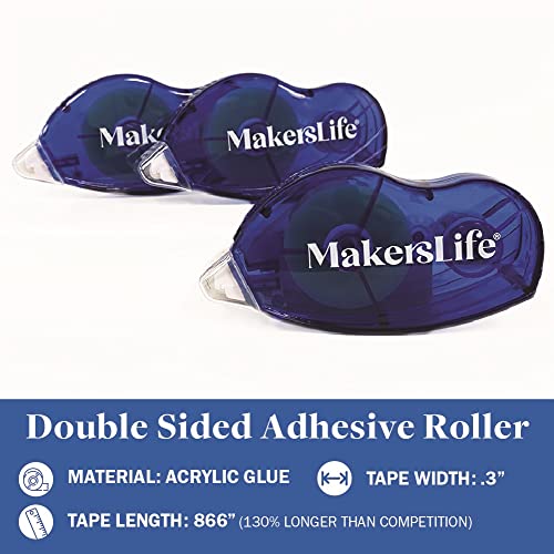 Double Sided Adhesive Tape for Crafts. Permanent Double Sided Tape Runner 3Pack. Tape Roller is .3”x866” (extralong). Scrapbooking, Giftwrapping, Acid-Free & Archival-Safe. Double Sided Tape