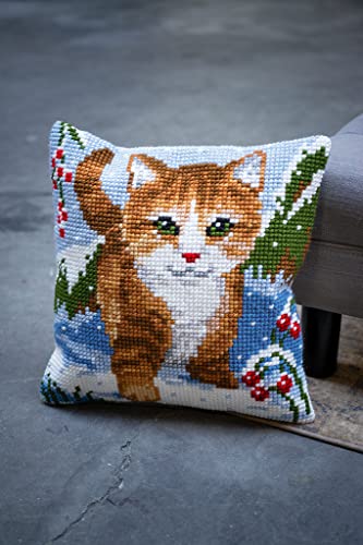 Vervaco Cross Stitch Embroidery Kits Pillow Front for Self-Embroidery with Embroidery Pattern on 100% Cotton and Embroidery Thread, 15,75 x 15,75 Inches - 40 x 40 cm, Cat Snow