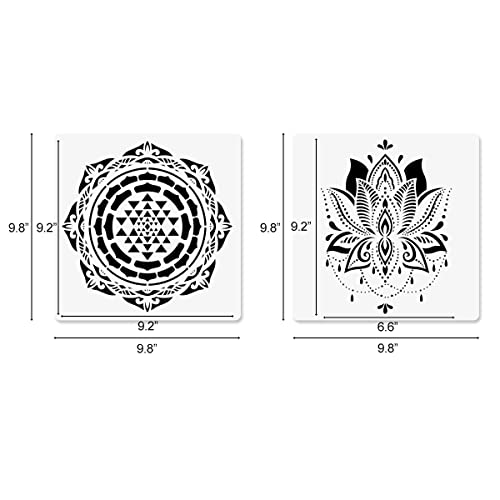 Sacred Geometry Stencils, 12 Pcs Yoga Stencils, Om Sacred Lotus Chakra The Flower of Life Mandala Hamsa Hand Sun Moon Spiritual Symbols Meditation Stencils for Painting on Wood Fabric Walls 10"x10"