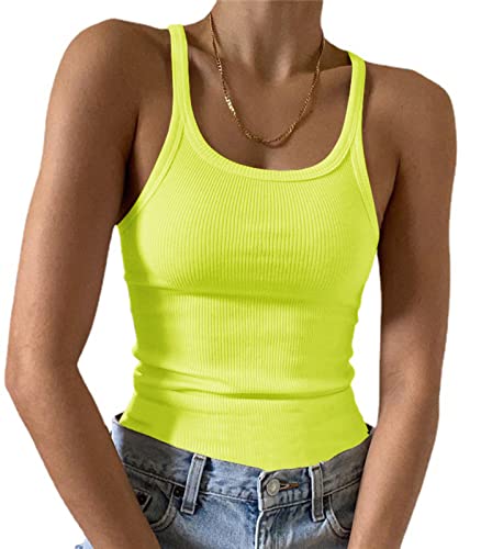 Artfish Women's Sleeveless Full Tank Top Form Fitting Scoop Neck Ribbed Knit Basic Tight Fitted Cami Rave Lime Neon Green 80s XS