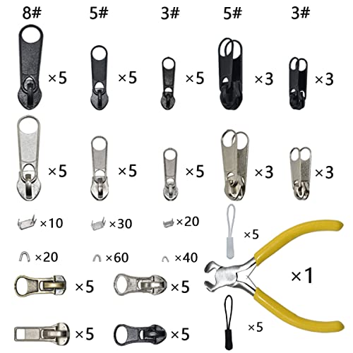 253Pcs Zipper Repair Kit Zipper Replacement with Installation Pliers Tool and Zipper Extension Pulls for Sleeping Bags Jacket Tent Luggage Backpacks Boots