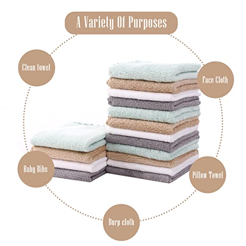 Cute Castle Ultra-Soft Baby Washcloths, 16 Pack - 9" by 9", Gentle on Sensitive Skin for Face and Body, Plush, Super Absorbent Wash Clothes for Girls and Boys,White+Brown+Grey+Sage Green
