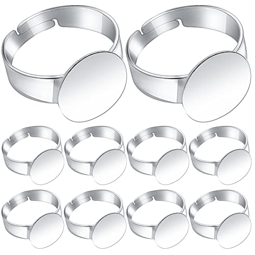 Aylifu 20 Pieces White Golden Adjustable Blank Rings Base Brass Finger Ring Settings Components with 12 mm Round Pad Trays for DIY Ring Jewelry Making Gifts