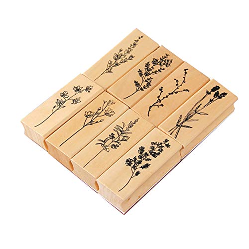 Pack of 8 Pcs Plant and Flower Shape Wooden Rubber Stamps 2.5 Inch x 1 Inch x 0.6 Inch for DIY Craft Card and Photo Album (8Pcs Plant & Flower-02)