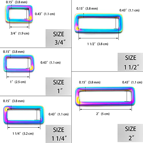 Rainbow Metal Flat Rectangle Rings Buckle, 4 PCS Webbing Strap Loops Adjuster Square Buckle (1 1/2")