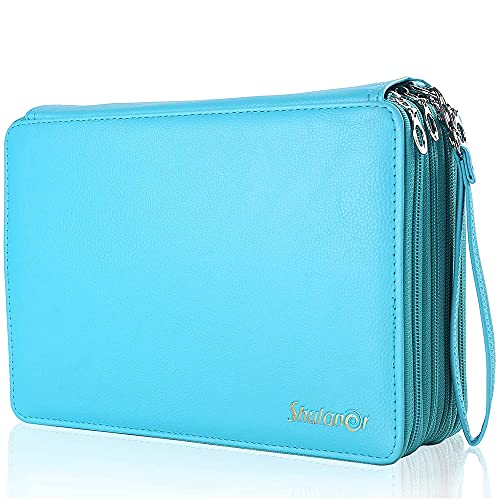 Shulaner 200 Slots Colored Pencil Case Organizer with Zipper PU Leather Large Capacity Pen Holder Bag (Lake Blue)