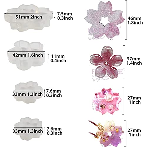 Funshowcase Cute Sakura Cherry Flower Silicone Mold Trays for Crafting, Resin Epoxy, Soap, Jewelry Making 4 in Set Bundle
