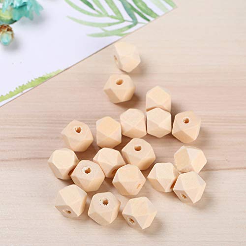 SUPVOX 100PCS Unpainted Faceted Geometric Wood Beads-14mm Natural Color Polygons Shape DIY Wooden Spacer Beads with Hole for Handmade Necklace