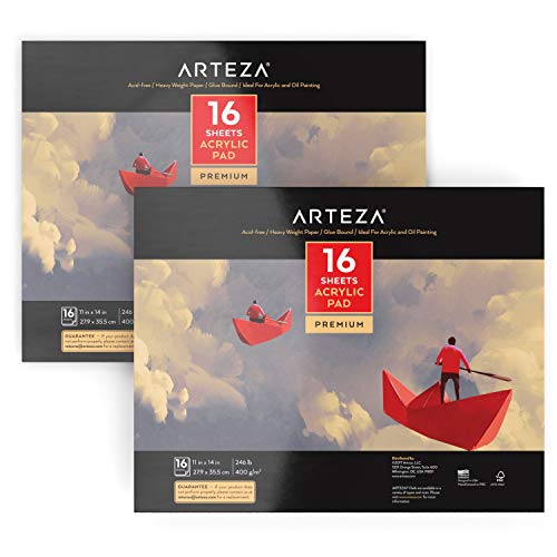 Arteza Acrylic Pad, Pack of 2, 11 x 14 Inches, 16 Sheets Each, Heavy 246-lb Art Paper, Art Supplies for Acrylic Painting, Oil Painting, & Drawing