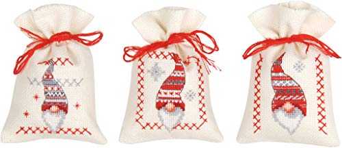 Vervaco Cross Stitch Bag Kit Christmas Gnomes (Set of 3) 3.2" x 4.8"