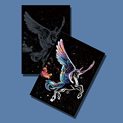 Animal scratch art rainbow painting paper, Engraving Art & Craft Sets, Creative foil scratch art toys gift, DIY sketch card scratchboard for Kids & Adults, Women - 16'' x 11.2'' with 3 tools (Unicorn)