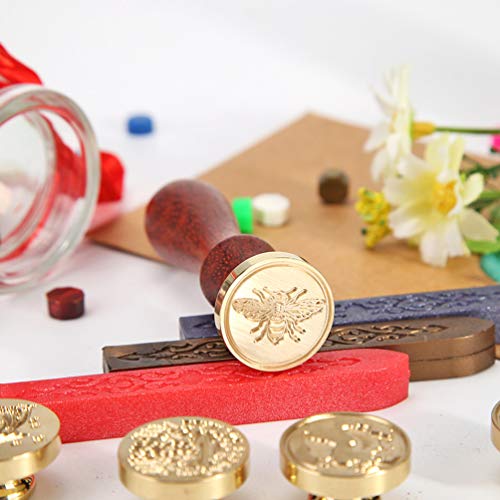 Wax Seal Stamp Set, Vanknono 4 Pcs Sealing Wax Stamps Copper Seals + 2 Pcs Wooden Hilt, Vintage Retro Wax Stamp Kit for Cards Envelopes, Invitations, Wine Packages(Crown, Tree of Life, Love, Bee)