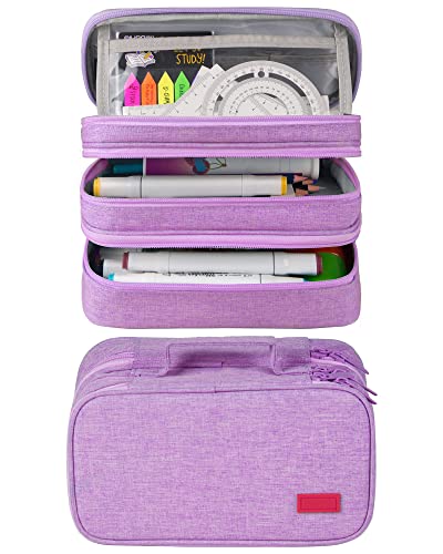 Large Capacity Pen Pencil Case Stationery Storage Large Handle Pen Pouch Bag 3 Layers Pen Pencil Organizer Bag with Double Zipper, Cosmetic Bag for College Students Men Women Girls Adults (Purple)
