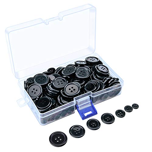 Sunmns 160g Buttons Round Resin Sewing Button with Storage Box, 4 Holes 7 Sizes (Black)