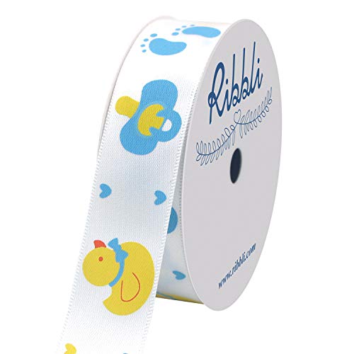 Ribbli Satin Blue Rubber Ducky Craft Ribbon,7/8-Inch x 10-Yard,Blue/White/Yellow,Use for Hair Bows,Wreath,Birthday,Baby Shower,Diaper Cake,Gift Wrapping,Party Decoration,All Crafting and Sewing