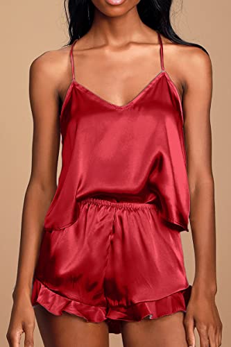CHYRII Women's Sexy V Neck Sleepwear Satin Pajamas Sets Cami Shorts Nighwear 2 Pieces PJS Red L