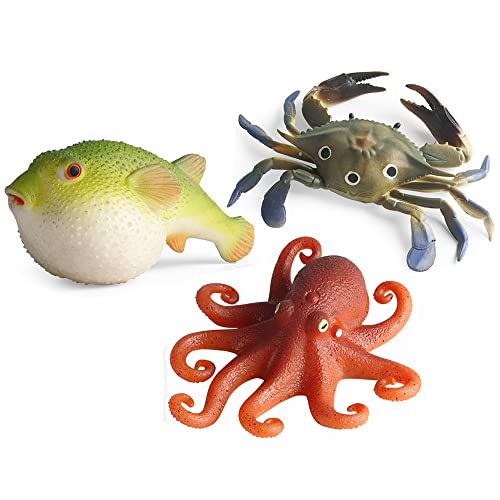 RCOMG 3PCS Rubber Ocean Sea Animal, TPR Super Stretchy Sea Creature Bath Toy with Octopus Crab Pufferfish, Party Supplies Squishy Marine Figures for Collection Gift, Decoration,Cake Topper