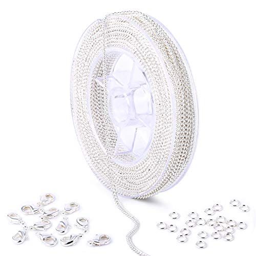 33 Feet Bulk Silver Curb Link Chain Spool for Jewelry Making Kit with 4mm Jump Ring and Lobster Clasps for DIY Necklace Chains