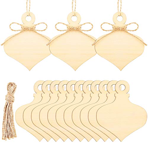 60 Pieces DIY Christmas Wooden Hanging Ornaments with Hole, 4 Inch Wood Unfinished Cutout Tag Blank Natural Wooden Slices with Ropes for Centerpieces Christmas Holiday Home Party DIY Crafts Decor