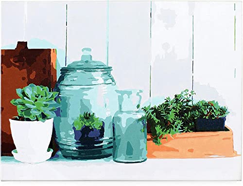 Decorae Paint by Number Set: Succulents w/Mason Jar, 15.75 x 11.75 Framed Stretched Canvas for Adults with 22 Colors, Rustic Farmhouse Themed