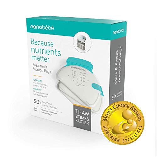 Nanobébé 50 Breastmilk Storage Bags - Cools & Thaws Evenly 2X Faster, to Protect nutrients Refill Pack, Breastfeeding Supplies, Save Space & Track Pumping – Breastmilk Bags for Freezer or Fridge
