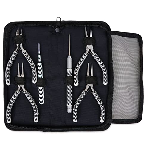 The Beadsmith Zebra Print Pliers – 6 Inch Tools, 6 Piece Kit: Chain Nose, Round Nose, Bent Chain Nose, Side Cutter, Tweezers & Reamer with Zippered Pouch – Tools Set for Jewelry Making