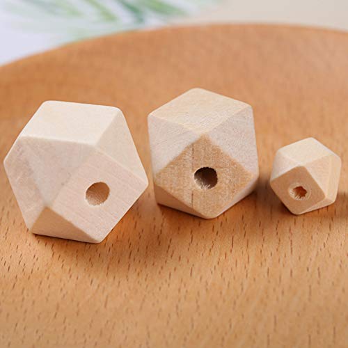 SUPVOX 100PCS Unpainted Faceted Geometric Wood Beads-14mm Natural Color Polygons Shape DIY Wooden Spacer Beads with Hole for Handmade Necklace