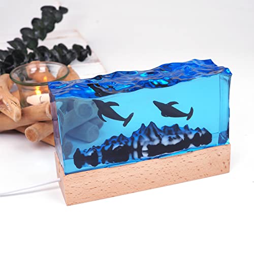 Voaesdk Rectangle Resin Silicone Molds Mountain Sea Light Cube Resin Molds with USB Wooden Lamp Base for Paperweight,Marine Theme,Preserved Flower,DIY Craft