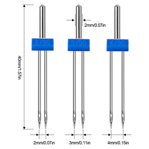 18 Pieces Sewing Machine Twin Needles Double Twin Needles Pins Twin Stretch Needles with Plastic Box, Automatic Needle Threader for Household Sewing Machine, 3 Mixed Sizes 2.0/90, 3.0/90, 4.0/90