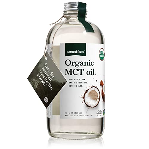 Natural Force Organic MCT Oil – Pure Glass Bottle – Made from 100% Cold Pressed Virgin Coconut Oil + Certified Keto, Paleo, Kosher, Vegan & Non-GMO – Lab Tested for Quality and Purity - 16 Ounce
