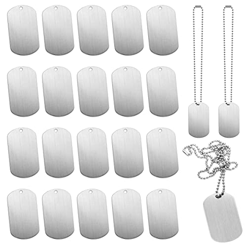 INKNOTE 30 PCS 2"x1" Stamping Blank Dog Metal Tags Stamping Aluminum Tag Pendants Shield Shape with 30 PCS Chain Necklaces, Hip Hop Style Pet Dog Name Number Tags Personalized Pendant DIY Craft Tags