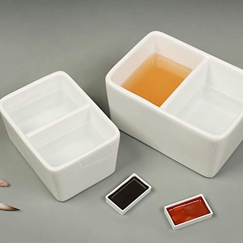 Lzttyee White Porcelain Paint Palette Brush Wash Bowl Deep Watercolor Painting Dish Mixing Tray (Rectangle 2-Grid Large)