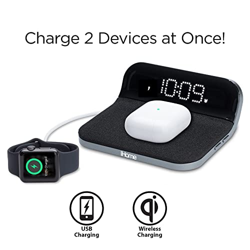 iHome Wireless Charger with Alarm Clock and USB Charger, Compact Digital Alarm Clock for Bedroom, Home Office, or Dorm (iW18)