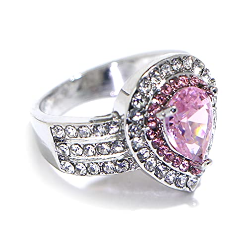 925 Sterling Silver Shiny Full Diamond Pink Gemstone Ring Water Droplets Shape Cubic Zirconia Rings CZ Diamond Ring Eternity Engagement Wedding Band Ring for Women (US Code 9)