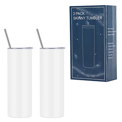 20 Oz Sublimation Skinny Tumbler Glow in the dark, 2 Pack Luminous Straight Skinny Tumbler Bulk with Sublimation Shrink Wrap Films, Stainless Steel Skinny Tumbler For Women Friends Sisters,White