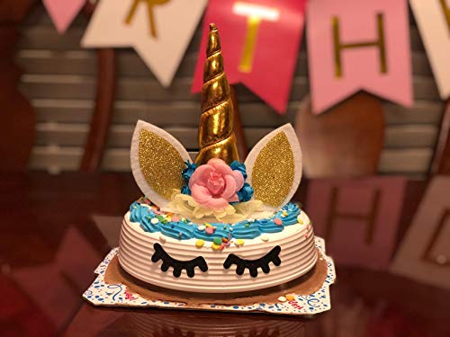 Unicorn Cake Topper with Eyelashes/Gold Unicorn Horn, Ears and Flowers for Birthday Wedding Baby Shower Party Cake Decoration