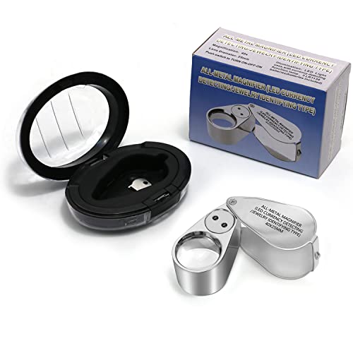 40X Full Metal Illuminated Jewelers Eye Loupe Magnifier, Small Pocket Folding Magnifying Glass Jewelry Loop with LED for Gems, Jewellery, Coins, Map, Stamps, Currency Detect, Elders Gift, 1'' Lens Dia