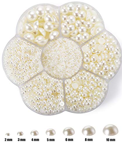 Yesland 9435 Pcs Round Flatback Half Pearls Bead, Gold, Beige & Silver Loose Beads Gem Cabochon Pearl for Nail Craft Scrapbook DIY Decoration(7 Size)