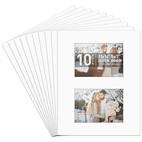 Golden State Art, 11x14 Picture Mats with Two Openings for 5x7-inch Photos, 10-Pack, White