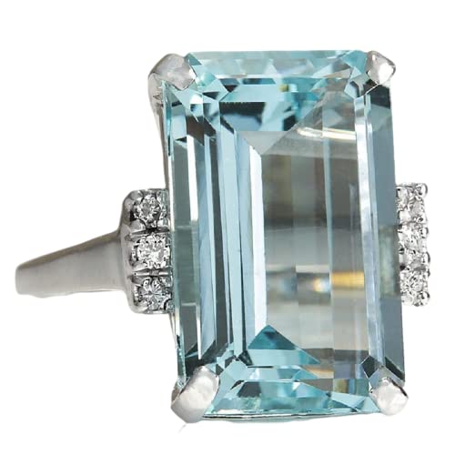 DOCCESTU Vintage Fashion Women 925 Silver Aquamarine Gemstone Ring Engagement Wedding Jewelry Size 5-11 (10#)